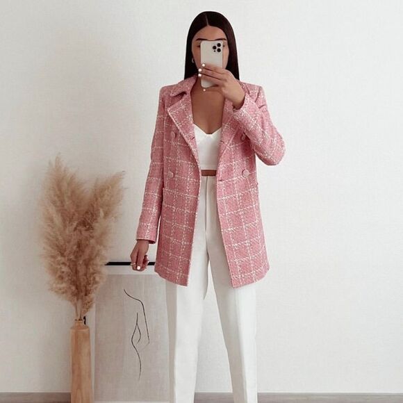 ZARA PINK TEXTURED PLAID COAT - Picture 1 of 2